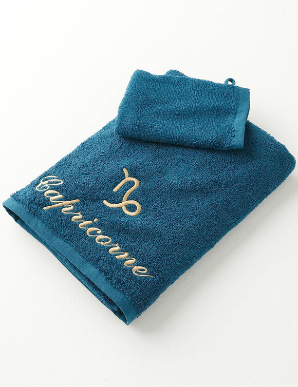 Serviettes de bain brodées Capricorne - 420g/m2 (bleu paon)