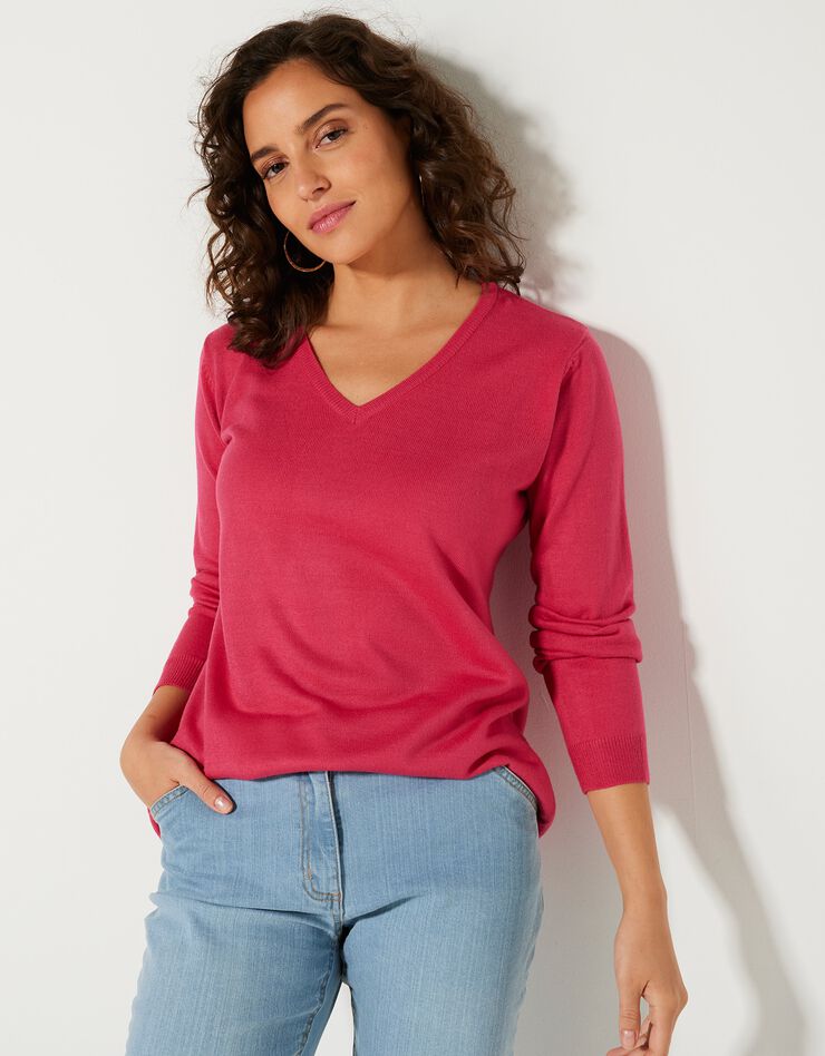 Pull col V toucher cachemire (rose fuchsia) Pull col V toucher cachemire (rose fuchsia)