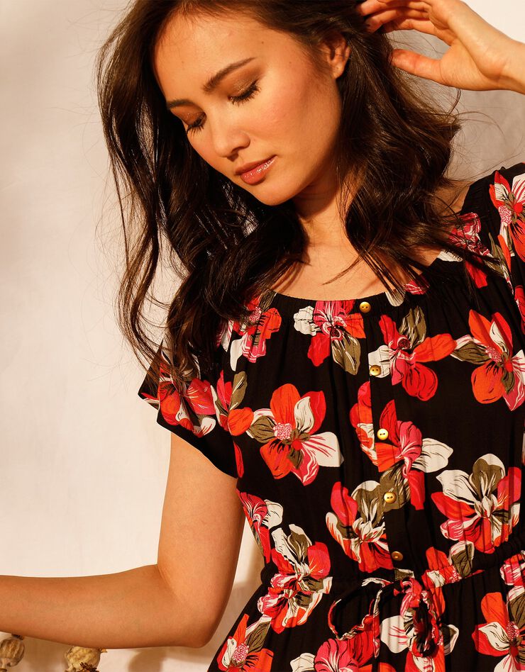 Robe longue manches courtes (noir / corail) Robe longue manches courtes (noir / corail)