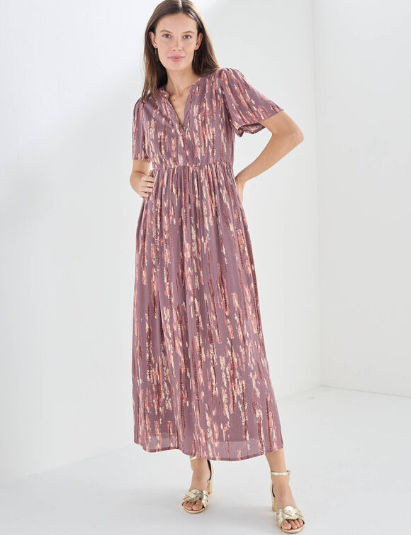 Robe longue en cr&eacute;pon, imprim&eacute;e (marron / beige)