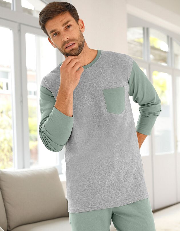 Tee-shirt pyjama bicolore manches longues (gris / vert)