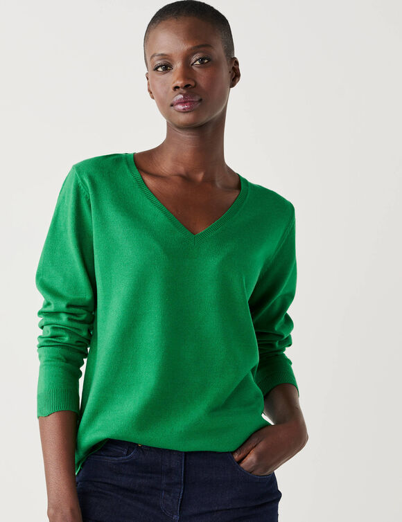 Pull col V, toucher doux (vert)