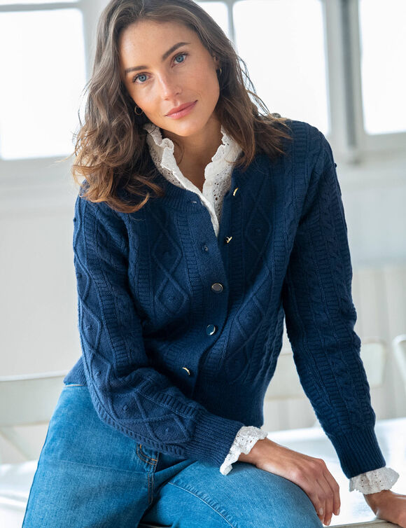 Gilet boutonné maille fantaisie torsadée (indigo)