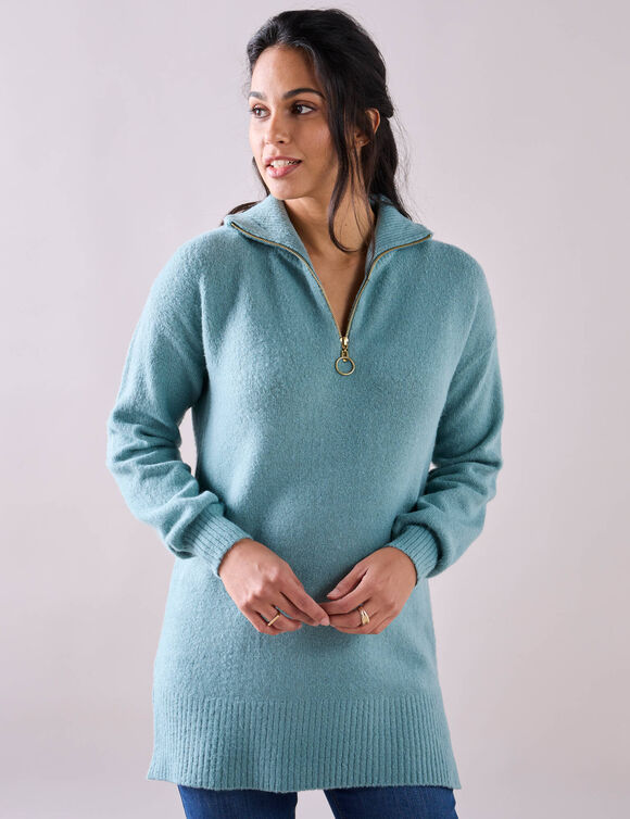 Pull tunique col camionneur zippé (turquoise grisé)