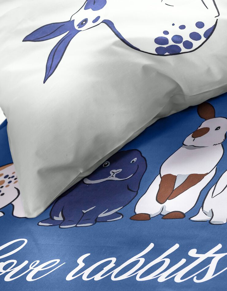 Linge de lit Rabbit en coton imprimé lapins (bleu)