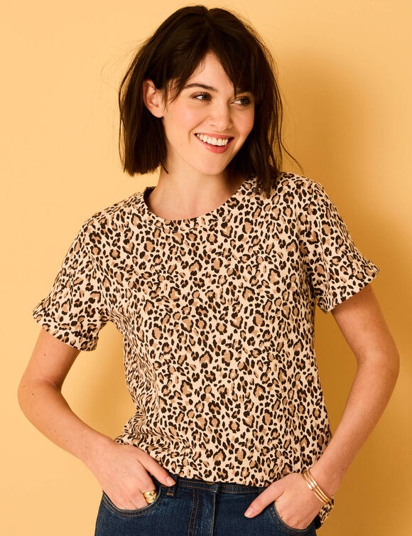 T-shirt manches courtes à revers, imprimé peau de bête (beige)
