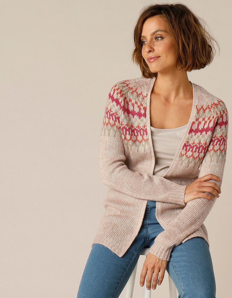 Gilet jacquard porter ouvert toucher mohair (beige chiné) Gilet jacquard porter ouvert toucher mohair (beige chiné)