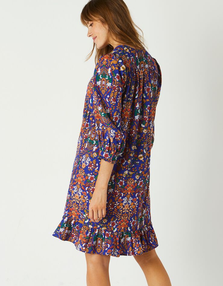 Robe housse manches 3/4 imprimée, crêpe (bleu / orange)