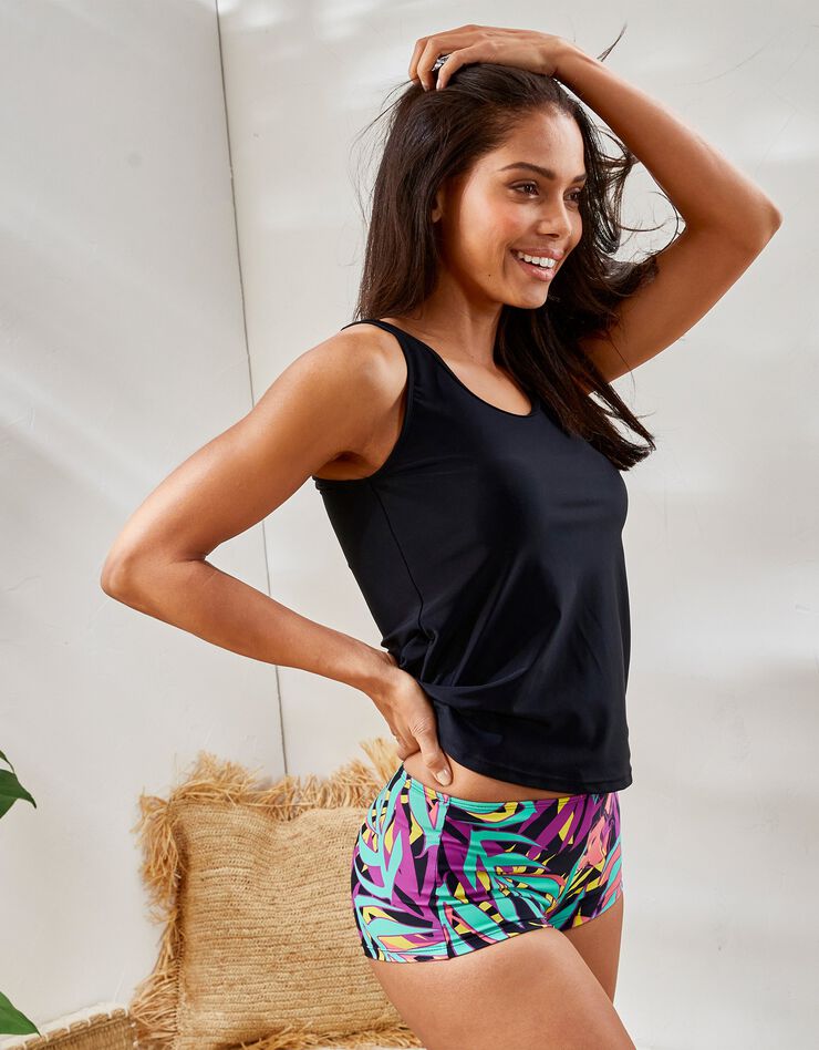 Boxer de bain imprimé tropical Paliki - ventre plat (noir / violine) Boxer de bain imprimé tropical Paliki - ventre plat (noir / violine)