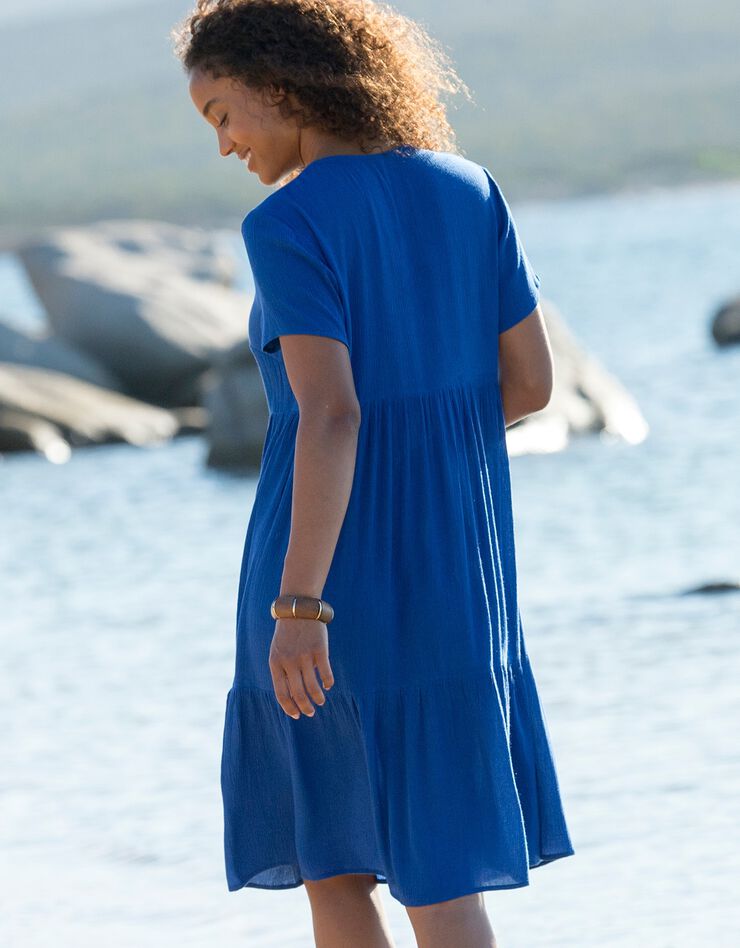 Robe col V courte unie, crépon (bleu dur)
