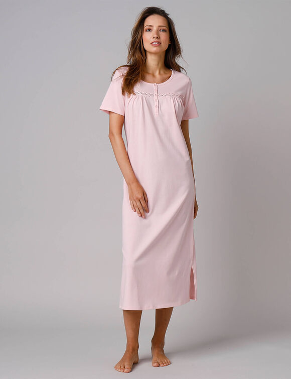 Chemise de nuit longue manches courtes unie (rose)