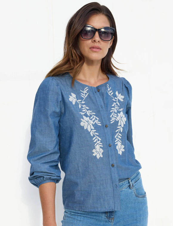 Chemisier jean brod&eacute;, manches longues (bleached)
