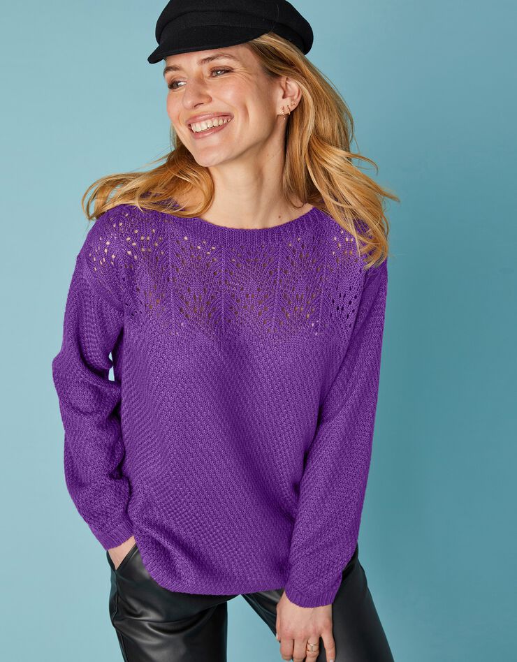 Pull col bateau, maille ajourée toucher mohair (violine) Pull col bateau, maille ajourée toucher mohair (violine)