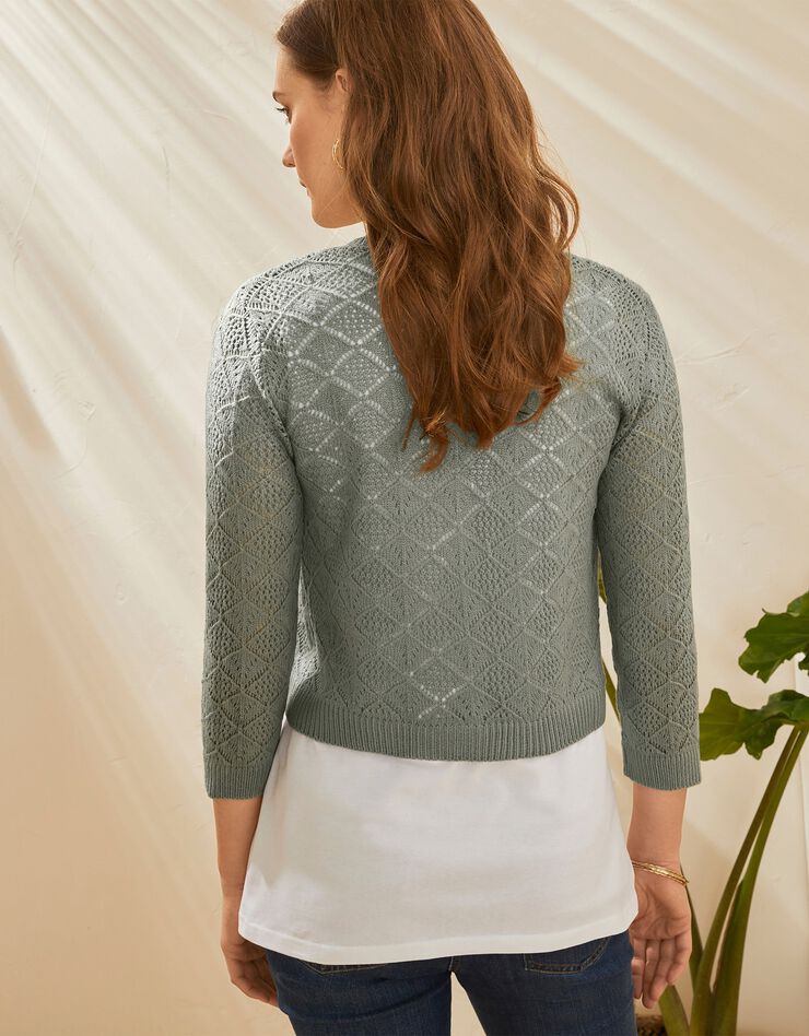 Boléro boutonné, maille ajourée toucher cachemire (kaki) Boléro boutonné, maille ajourée toucher cachemire (kaki)