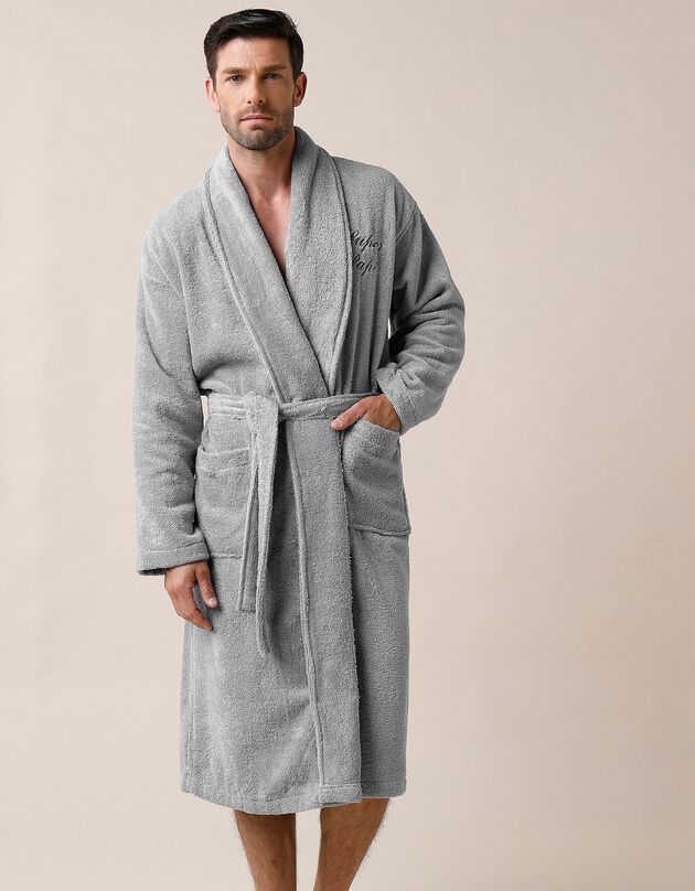 Peignoir mixte adulte éponge bouclette col châle personnalisable (gris)