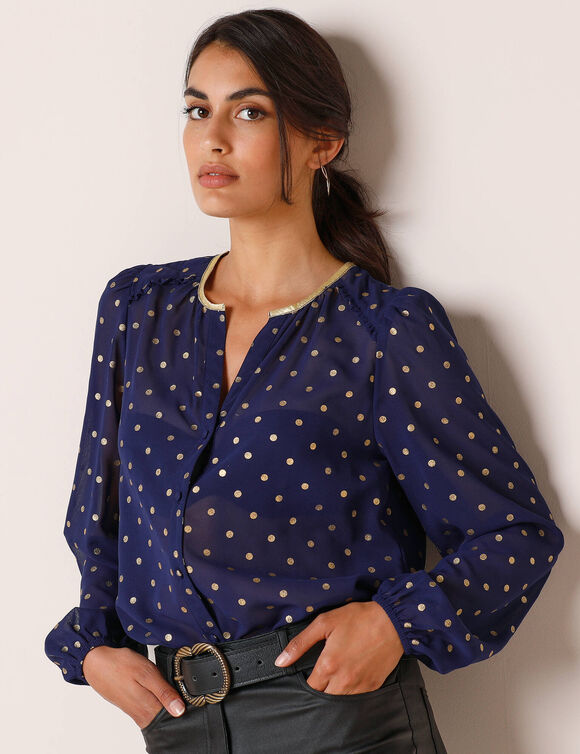 Chemisier imprimé pois doré, voile (bleu nuit)