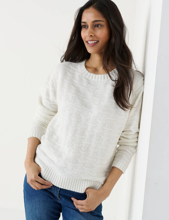 Pull col rond, maille fantaisie en laine m&eacute;lang&eacute;e (&eacute;cru)