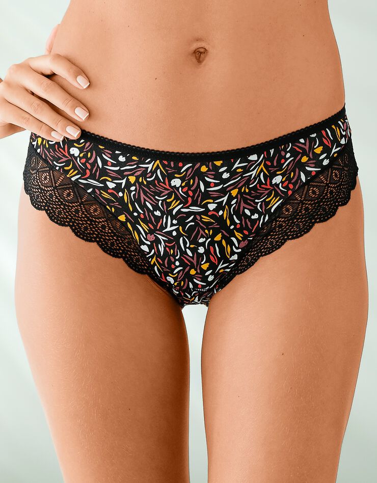 Culotte forme midi coton imprimé stretch et dentelle - lot de 3 (noisette + corail + noir) Culotte forme midi coton imprimé stretch et dentelle - lot de 3 (noisette + corail + noir)