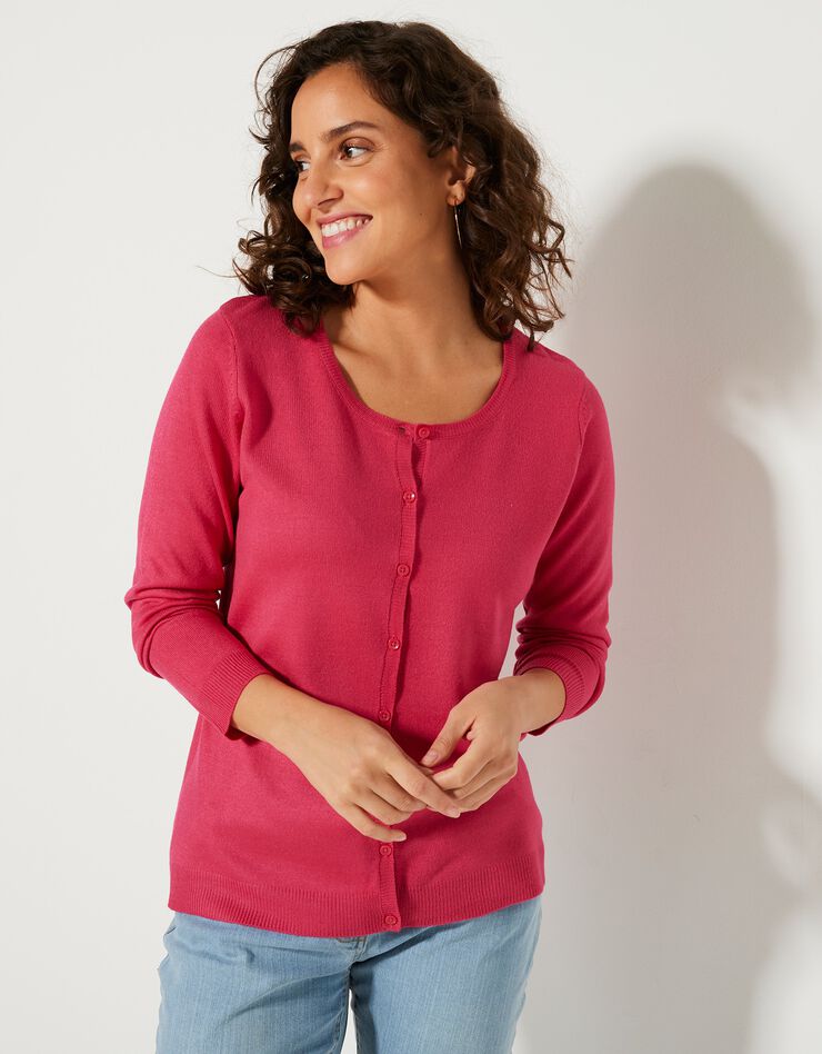Cardigan boutonné col rond uni toucher cachemire (rose fuchsia) Cardigan boutonné col rond uni toucher cachemire (rose fuchsia)