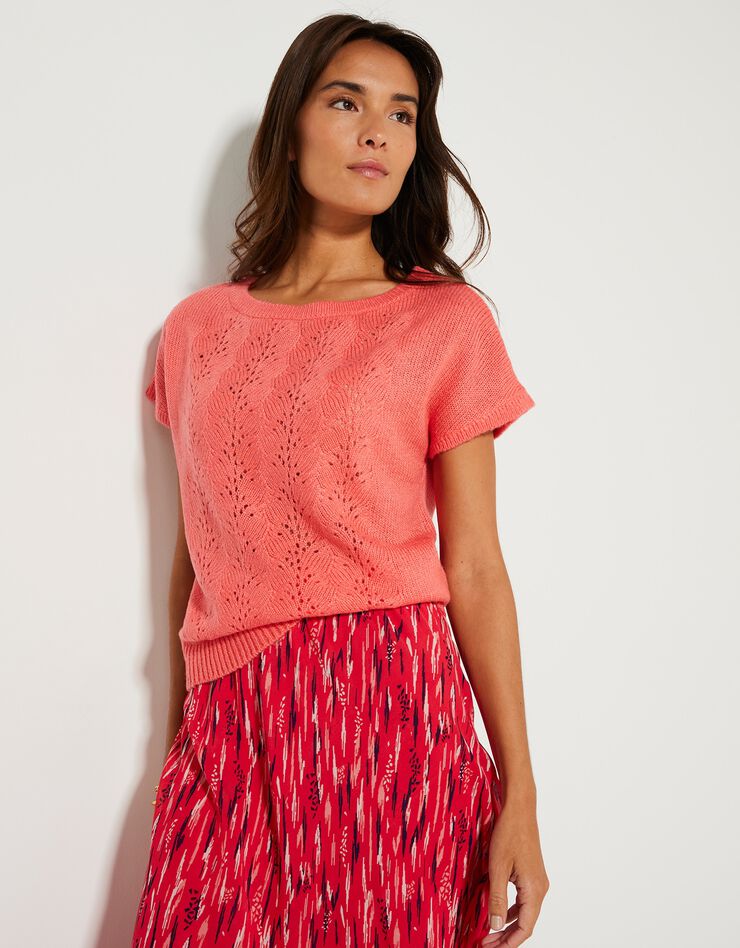 Pull manches courtes, maille ajourée toucher mohair (corail) Pull manches courtes, maille ajourée toucher mohair (corail)