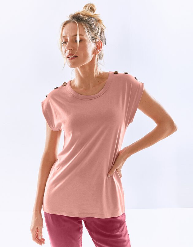 Tee-shirt uni détail boutonné maille jersey (bois de rose)