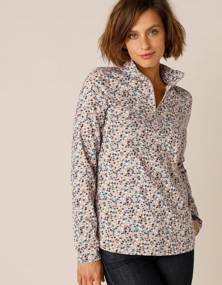Tee-shirt col montant zippé imprimé (taupe) Tee-shirt col montant zippé imprimé (taupe)