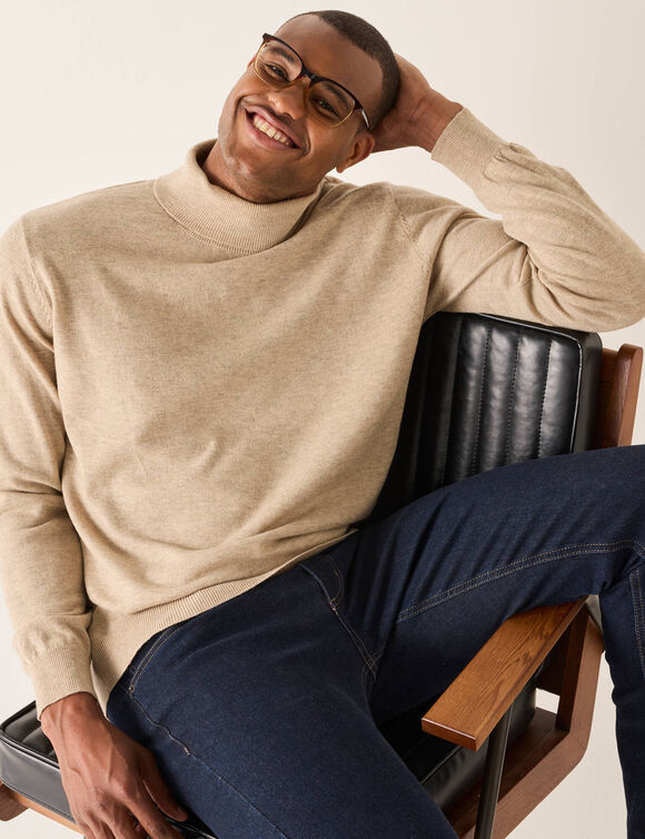 Pull col roul&eacute; en laine m&eacute;lang&eacute;e (taupe clair)