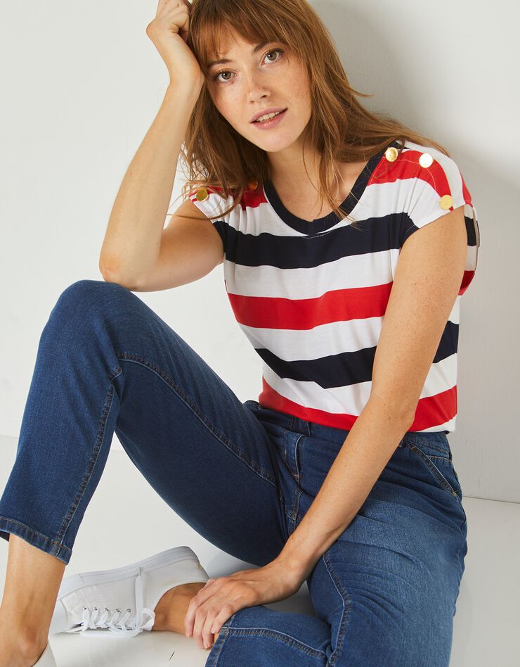 Tee-shirt épaules boutonnées rayé (blanc / bleu / rouge) Tee-shirt épaules boutonnées rayé (blanc / bleu / rouge)