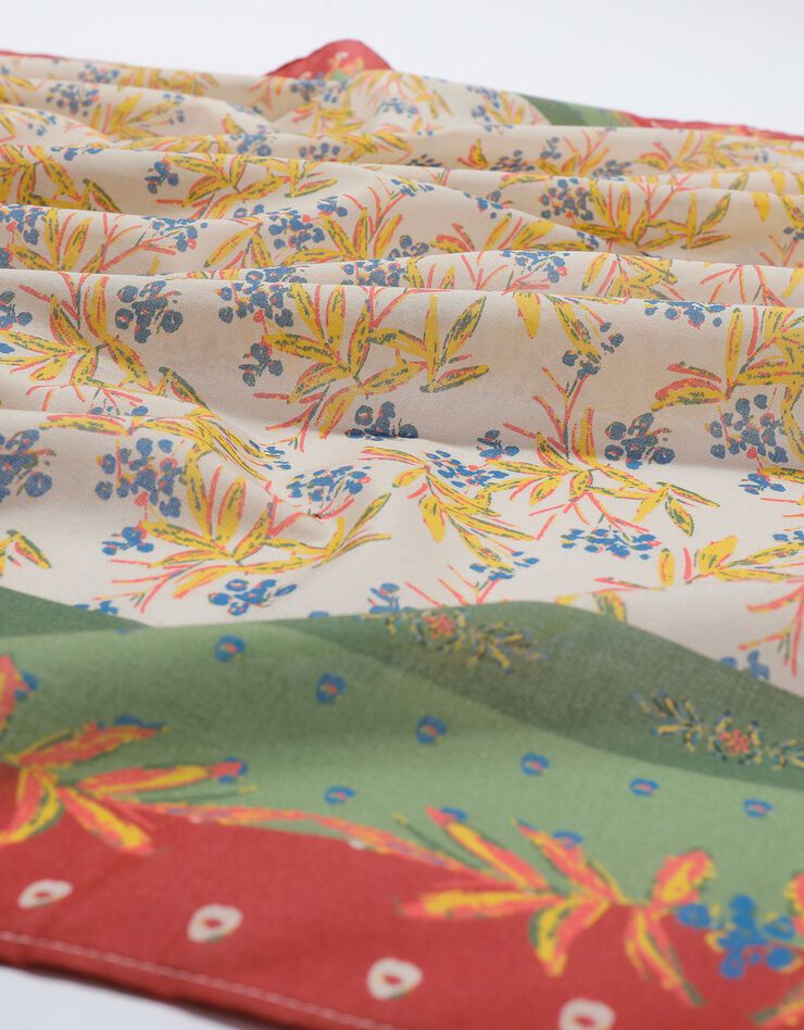 Foulard fabriqué en France imprimé fleurs, 100 x 100 cm  - coton (écru / vert amande)