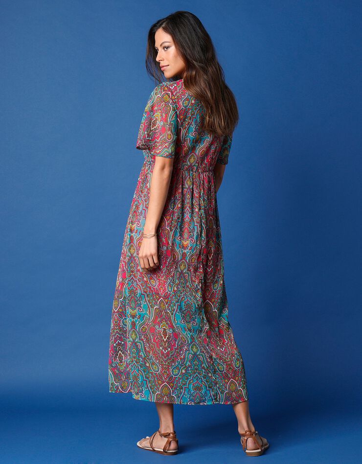 Robe longue en voile imprimé (aqua / rose)