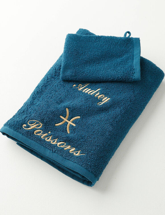 Serviettes de bain POISSON personnalisable - 420g/m2 (bleu paon)