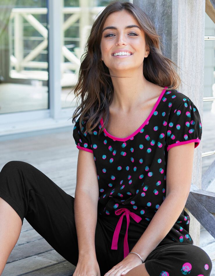 Tee-shirt manches courtes coton Enjoy imprimé pois  (noir / fuchsia)