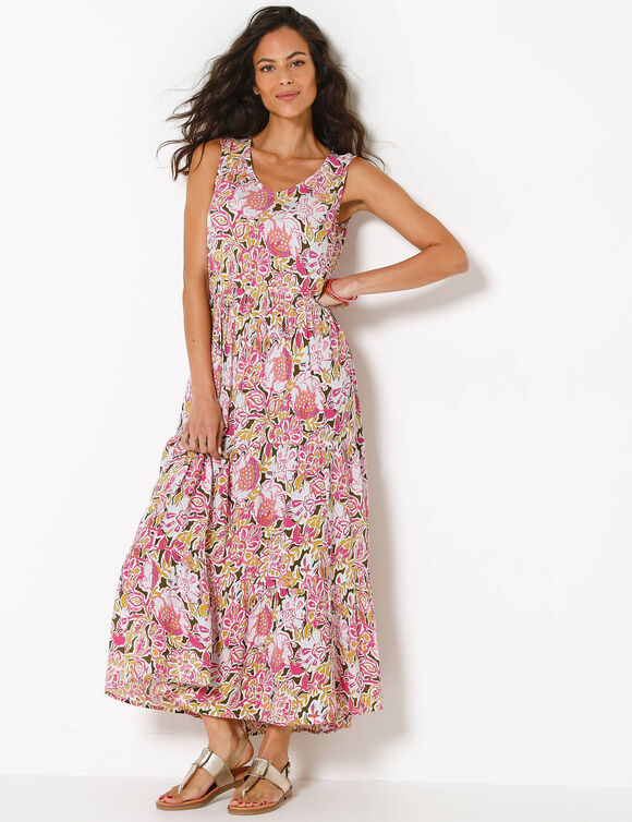 Robe longue &agrave; volants, cr&eacute;pon imprim&eacute; (kaki / rose)