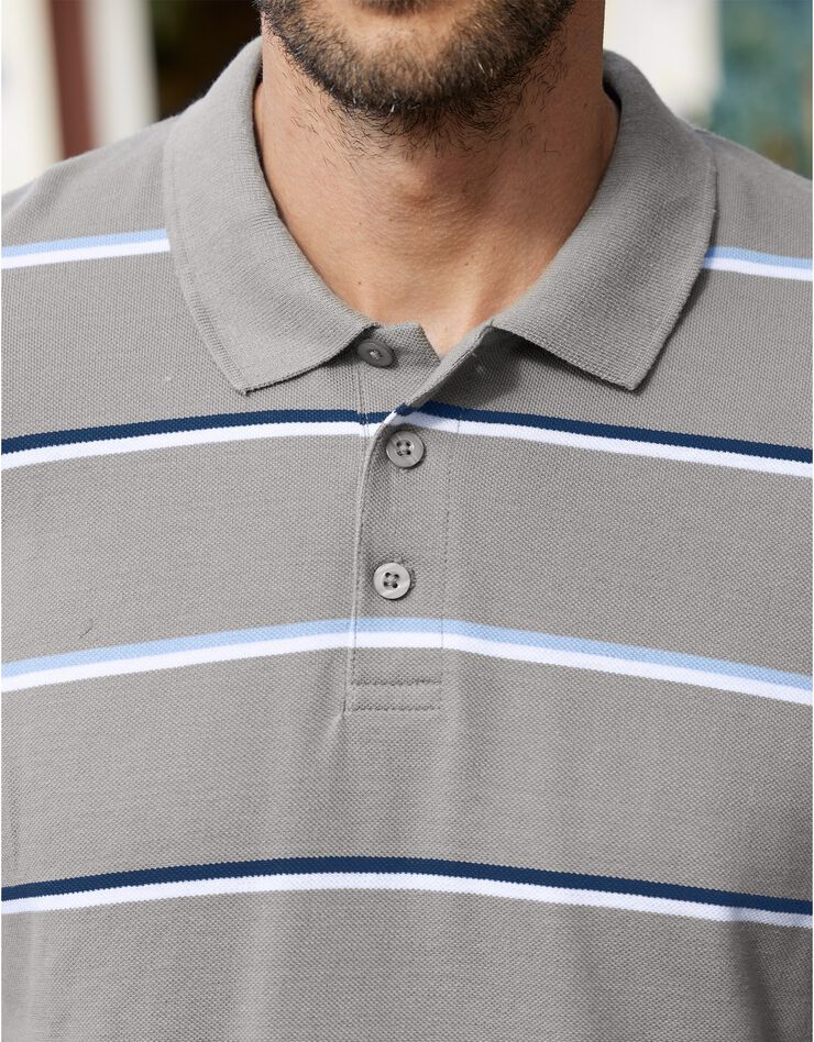 Polo rayé maille piquée chinée manches longues (gris chiné) Polo rayé maille piquée chinée manches longues (gris chiné)