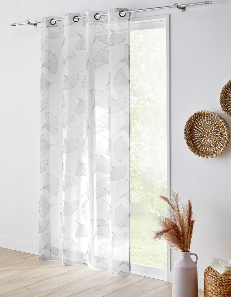Rideau panneau voile polyester imprimé gingko finition oeillets (gris)