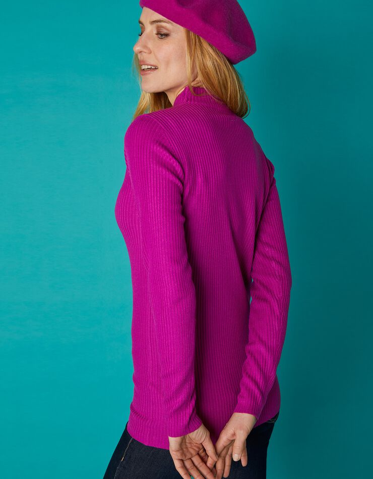 Pull col montant long, maille côtelée (rose fuchsia)