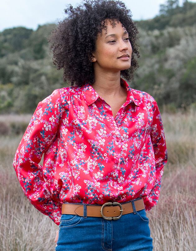 Chemise volume ample imprimée, satin (rouge / bleu)