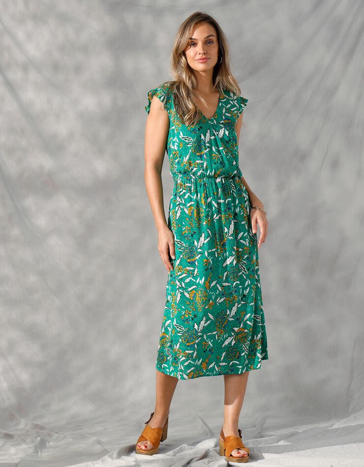 Robe mi-longue forme cache-coeur imprimée  (vert / bleu)