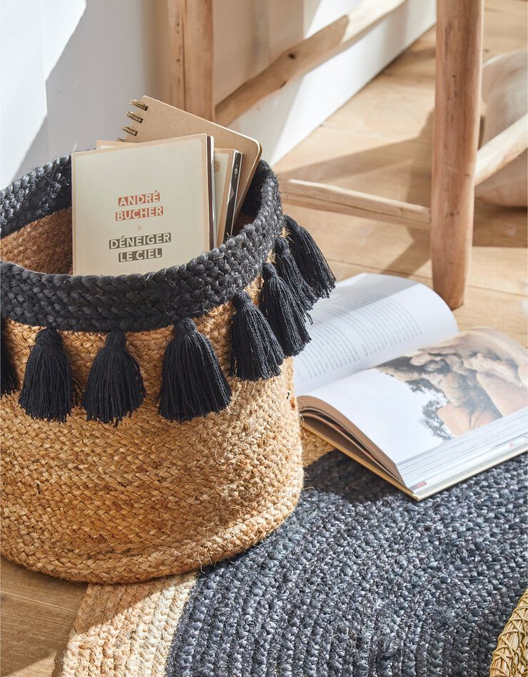 Panier rond jute pompons noirs (jute/noir)