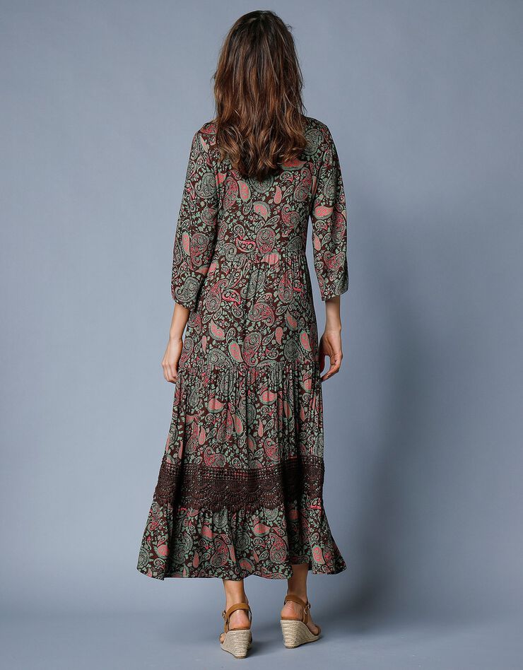 Robe longue imprimée manches 3/4 fendues (chocolat / vert)