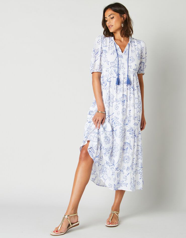 Robe longue volantée imprimée (blanc / bleu)
