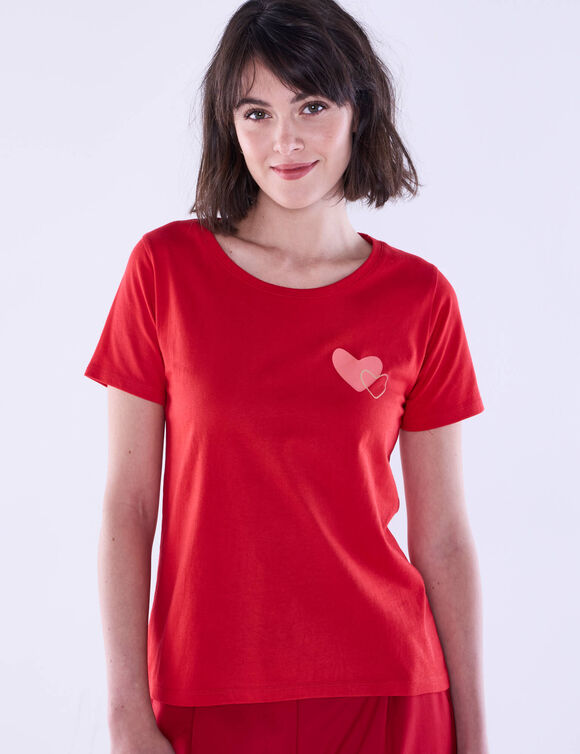 T-shirt manches courtes, imprimé placé coeurs dorés (rouge)