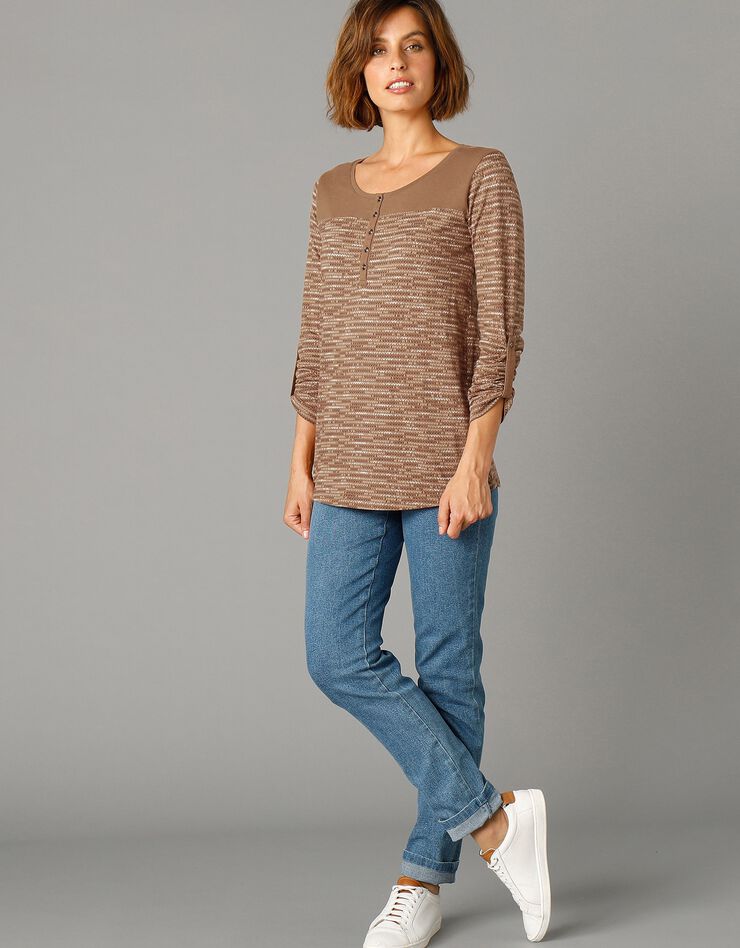 Tee-shirt col tunisien imprimé chiné (taupe clair chiné) Tee-shirt col tunisien imprimé chiné (taupe clair chiné)