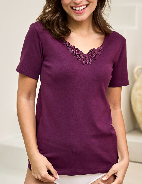 T-shirt chaleur manches courtes col en dentelle - lot de 2 (prune)