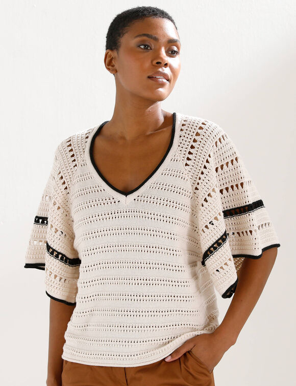 Pull manches courtes papillons, maille fantaisie (&eacute;cru / noir)