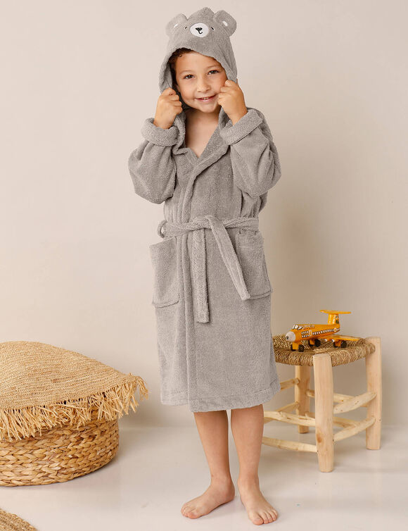 Peignoir de bain enfant ourson à capuche éponge coton - 340 g/m² (taupe)
