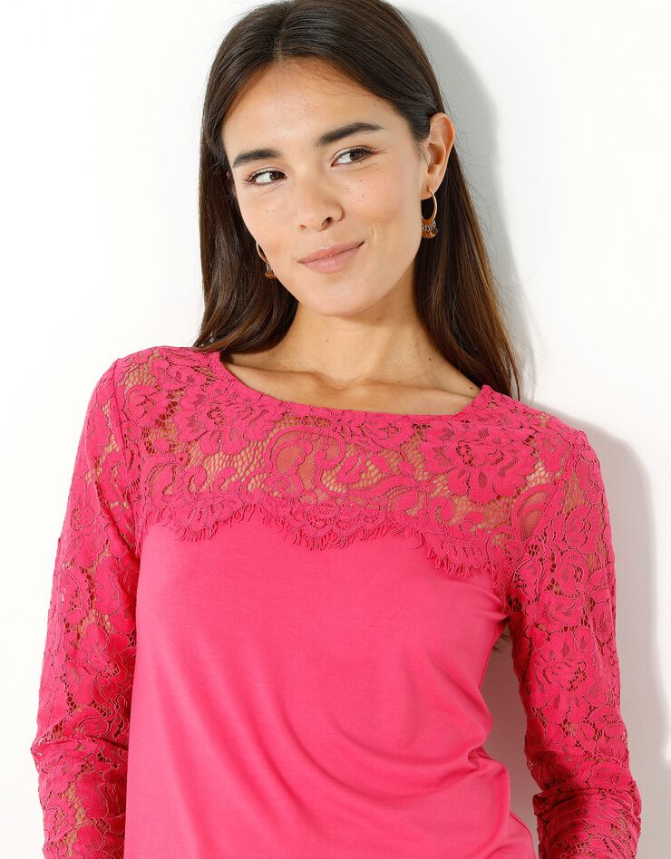 Tee-shirt col rond manches longues, dentelle jersey (framboise)