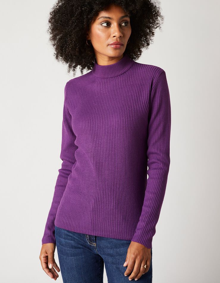 Pull col montant court, maille côtelée (violet) Pull col montant court, maille côtelée (violet)