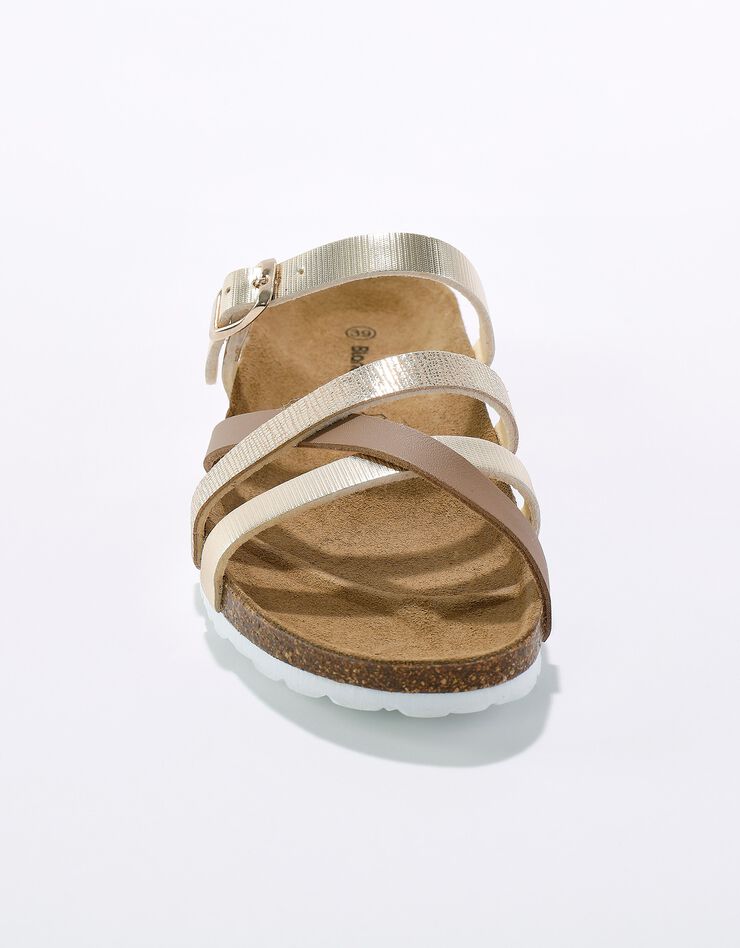 Mules compensées multibrides à boucle réglable en cuir semelle liège (taupe / doré) Mules compensées multibrides à boucle réglable en cuir semelle liège (taupe / doré)