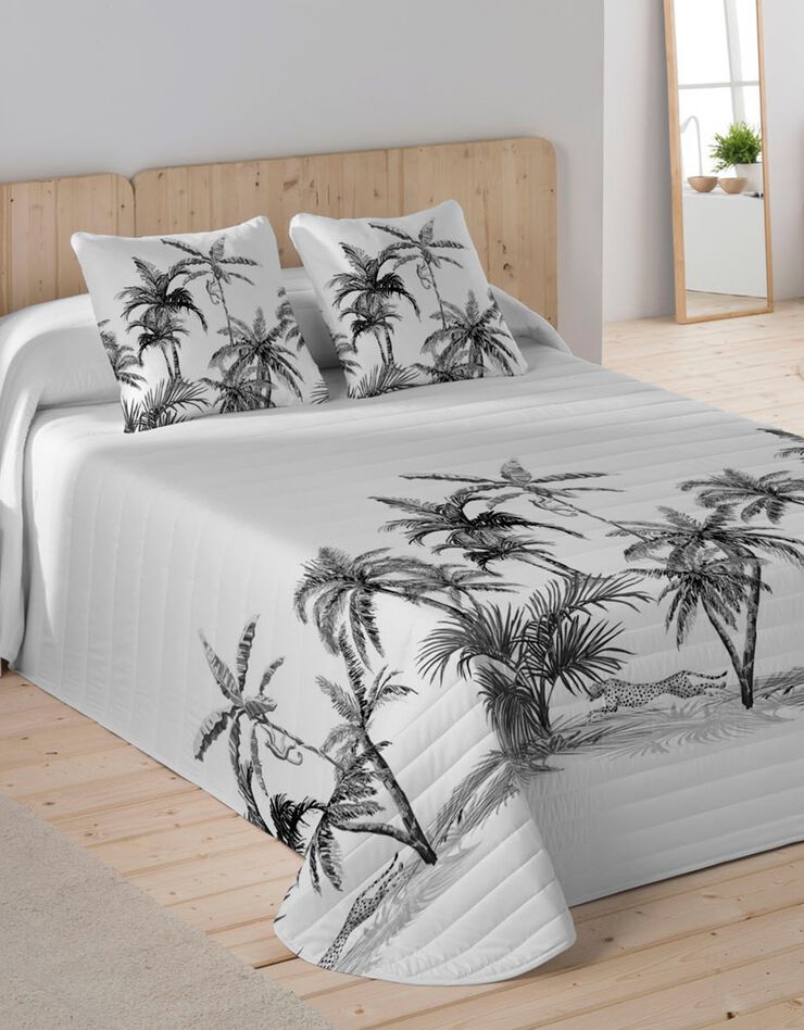 Couvre-lit matelassé imprimé palmiers (blanc / noir)